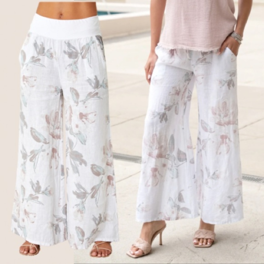 Must Have Wide Leg Bohemian Floral Linen Resort Wear Pants Made in Italy